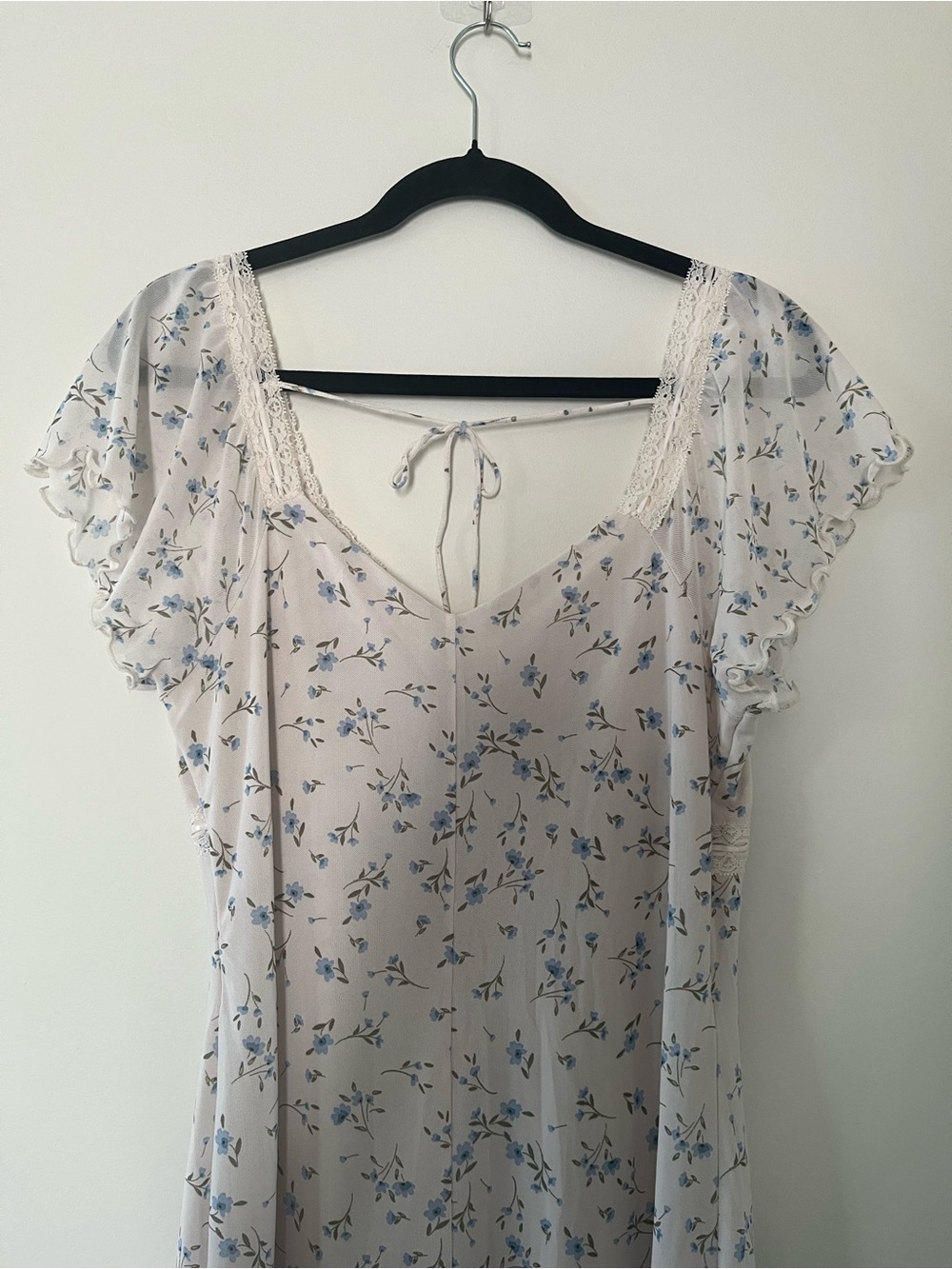 White Blue Ditsy Floral Cottagecore Babydoll Lace Midi Dress XL Romantic Dainty - Picture 8 of 9